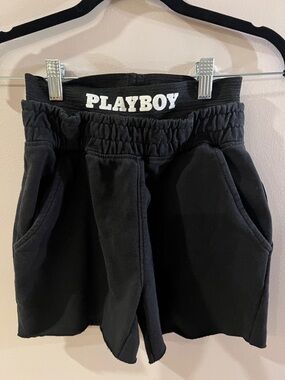 PLAYBOY Black Elastic-Waist Athletic Shorts with Logo Waistband Size 0